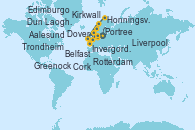 Visitando Rotterdam (Holanda), Edimburgo (Escocia), Invergordon (Escocia), Kirkwall (Escocia), Portree (Reino Unido), Belfast (Irlanda), Greenock (Escocia), Liverpool (Reino Unido), Dun Laoghaire (Dublin/Irlanda), Cork (Irlanda), Dover (Inglaterra), Rotterdam (Holanda), Aalesund (Noruega), Trondheim (Noruega), Honningsvag (Noruega), Tromso (Noruega), Andalsnes (Noruega), Nordfjordeid, Lerwick (Escocia), Invergordon (Escocia), Dover (Inglaterra), Rotterdam (Holanda)