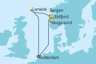Visitando Rotterdam (Holanda), Haugesund (Noruega), Eidfjord (Hardangerfjord/Noruega), Bergen (Noruega), Lerwick (Escocia), Rotterdam (Holanda)