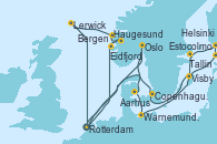 Visitando Rotterdam (Holanda), Haugesund (Noruega), Eidfjord (Hardangerfjord/Noruega), Bergen (Noruega), Lerwick (Escocia), Rotterdam (Holanda), Oslo (Noruega), Aarhus (Dinamarca), Warnemunde (Alemania), Tallin (Estonia), Helsinki (Finlandia), Estocolmo (Suecia), Visby (Suecia), Copenhague (Dinamarca), Copenhague (Dinamarca), Rotterdam (Holanda)