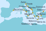 Visitando Atenas (Grecia), Kusadasi (Efeso/Turquía), Estambul (Turquía), Estambul (Turquía), Mykonos (Grecia), Bahía de Souda (Grecia), Katakolon (Olimpia/Grecia), Sarande (Albania), Dubrovnik (Croacia), Trieste (Italia), Zadar (Croacia), Dubrovnik (Croacia), Kotor (Montenegro), Corfú (Grecia), Messina (Sicilia), Nápoles (Italia), Civitavecchia (Roma), Barcelona
