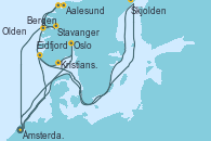 Visitando Ámsterdam (Holanda), Oslo (Noruega), Kristiansand (Noruega), Stavanger (Noruega), Skjolden (Noruega), Ámsterdam (Holanda), Eidfjord (Hardangerfjord/Noruega), Olden (Noruega), Aalesund (Noruega), Bergen (Noruega), Ámsterdam (Holanda)