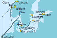 Visitando Rotterdam (Holanda), Oslo (Noruega), Aarhus (Dinamarca), Warnemunde (Alemania), Tallin (Estonia), Helsinki (Finlandia), Estocolmo (Suecia), Visby (Suecia), Copenhague (Dinamarca), Copenhague (Dinamarca), Rotterdam (Holanda), Eidfjord (Hardangerfjord/Noruega), Olden (Noruega), Aalesund (Noruega), Bergen (Noruega), Rotterdam (Holanda)