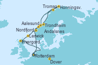 Visitando Rotterdam (Holanda), Aalesund (Noruega), Trondheim (Noruega), Honningsvag (Noruega), Tromso (Noruega), Andalsnes (Noruega), Nordfjordeid, Lerwick (Escocia), Invergordon (Escocia), Dover (Inglaterra), Rotterdam (Holanda)