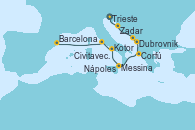 Visitando Trieste (Italia), Zadar (Croacia), Dubrovnik (Croacia), Kotor (Montenegro), Corfú (Grecia), Messina (Sicilia), Nápoles (Italia), Civitavecchia (Roma), Barcelona