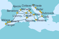 Visitando Trieste (Italia), Zadar (Croacia), Dubrovnik (Croacia), Kotor (Montenegro), Corfú (Grecia), Messina (Sicilia), Nápoles (Italia), Civitavecchia (Roma), Barcelona, Málaga, Tánger (Marruecos), Almería (España), Cagliari (Cerdeña), Civitavecchia (Roma), Livorno, Pisa y Florencia (Italia), Ajaccio (Córcega), Marsella (Francia), Barcelona
