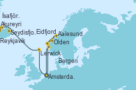 Visitando Ámsterdam (Holanda), Eidfjord (Hardangerfjord/Noruega), Olden (Noruega), Aalesund (Noruega), Bergen (Noruega), Ámsterdam (Holanda), Lerwick (Escocia), Seydisfjordur (Islandia), Akureyri (Islandia), Ísafjörður (Islandia), Reykjavik (Islandia)