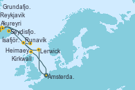Visitando Ámsterdam (Holanda), Lerwick (Escocia), Seydisfjordur (Islandia), Akureyri (Islandia), Ísafjörður (Islandia), Reykjavik (Islandia), Grundafjord (Islandia), Heimaey (Islas Westmann/Islandia), Runavík (Islas Feroe/Dinamarca), Kirkwall (Escocia), Ámsterdam (Holanda)