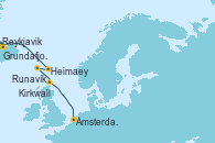 Visitando Reykjavik (Islandia), Grundafjord (Islandia), Heimaey (Islas Westmann/Islandia), Runavík (Islas Feroe/Dinamarca), Kirkwall (Escocia), Ámsterdam (Holanda)