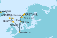 Visitando Reykjavik (Islandia), Grundafjord (Islandia), Heimaey (Islas Westmann/Islandia), Runavík (Islas Feroe/Dinamarca), Kirkwall (Escocia), Ámsterdam (Holanda), KRISTIANSUND, Aalesund (Noruega), Olden (Noruega), ODDA, Ámsterdam (Holanda)