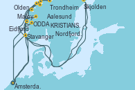 Visitando Ámsterdam (Holanda), KRISTIANSUND, Aalesund (Noruega), Olden (Noruega), ODDA, Ámsterdam (Holanda), Maloy (Noruega), Trondheim (Noruega), Nordfjordeid, Skjolden (Noruega), Eidfjord (Hardangerfjord/Noruega), Stavanger (Noruega), Ámsterdam (Holanda)