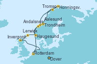 Visitando Dover (Inglaterra), Rotterdam (Holanda), Aalesund (Noruega), Trondheim (Noruega), Honningsvag (Noruega), Tromso (Noruega), Andalsnes (Noruega), Haugesund (Noruega), Lerwick (Escocia), Invergordon (Escocia), Dover (Inglaterra)