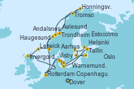 Visitando Dover (Inglaterra), Rotterdam (Holanda), Aalesund (Noruega), Trondheim (Noruega), Honningsvag (Noruega), Tromso (Noruega), Andalsnes (Noruega), Haugesund (Noruega), Lerwick (Escocia), Invergordon (Escocia), Dover (Inglaterra), Rotterdam (Holanda), Copenhague (Dinamarca), Aarhus (Dinamarca), Warnemunde (Alemania), Tallin (Estonia), Helsinki (Finlandia), Estocolmo (Suecia), Visby (Suecia), Oslo (Noruega), Dover (Inglaterra)