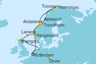 Visitando Rotterdam (Holanda), Aalesund (Noruega), Trondheim (Noruega), Honningsvag (Noruega), Tromso (Noruega), Andalsnes (Noruega), Haugesund (Noruega), Lerwick (Escocia), Invergordon (Escocia), Dover (Inglaterra), Rotterdam (Holanda)