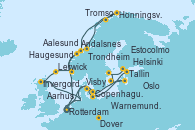 Visitando Rotterdam (Holanda), Aalesund (Noruega), Trondheim (Noruega), Honningsvag (Noruega), Tromso (Noruega), Andalsnes (Noruega), Haugesund (Noruega), Lerwick (Escocia), Invergordon (Escocia), Dover (Inglaterra), Rotterdam (Holanda), Copenhague (Dinamarca), Aarhus (Dinamarca), Warnemunde (Alemania), Tallin (Estonia), Helsinki (Finlandia), Estocolmo (Suecia), Visby (Suecia), Oslo (Noruega), Dover (Inglaterra), Rotterdam (Holanda)