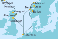 Visitando Reykjavik (Islandia), Heimaey (Islas Westmann/Islandia), Invergordon (Escocia), Aberdeen (Escocia), Edimburgo (Escocia), Rotterdam (Holanda), Eidfjord (Hardangerfjord/Noruega), Olden (Noruega), Aalesund (Noruega), Bergen (Noruega), Rotterdam (Holanda)