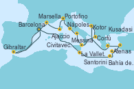 Visitando Barcelona, La Valletta (Malta), Bahía de Souda (Grecia), Santorini (Grecia), Kusadasi (Efeso/Turquía), Atenas (Grecia), Kotor (Montenegro), Corfú (Grecia), Messina (Sicilia), Nápoles (Italia), Nápoles (Italia), Civitavecchia (Roma), Portofino (Italia), Ajaccio (Córcega), Marsella (Francia), Gibraltar (Inglaterra), Barcelona