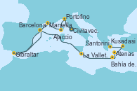 Visitando Civitavecchia (Roma), Portofino (Italia), Ajaccio (Córcega), Marsella (Francia), Gibraltar (Inglaterra), Barcelona, La Valletta (Malta), Bahía de Souda (Grecia), Santorini (Grecia), Kusadasi (Efeso/Turquía), Atenas (Grecia)