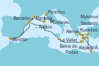 Visitando Civitavecchia (Roma), Portofino (Italia), Ajaccio (Córcega), Marsella (Francia), Gibraltar (Inglaterra), Barcelona, La Valletta (Malta), Bahía de Souda (Grecia), Santorini (Grecia), Kusadasi (Efeso/Turquía), Atenas (Grecia), Alejandría (Egipto), Alejandría (Egipto), Rodas (Grecia), Mykonos (Grecia), Atenas (Grecia)