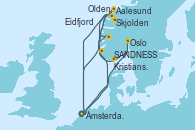 Visitando Ámsterdam (Holanda), Eidfjord (Hardangerfjord/Noruega), Aalesund (Noruega), Olden (Noruega), SANDNESS (STAVANGER), Ámsterdam (Holanda), Oslo (Noruega), Kristiansand (Noruega), SANDNESS (STAVANGER), Skjolden (Noruega), Ámsterdam (Holanda)
