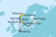 Visitando Ámsterdam (Holanda), Oslo (Noruega), Kristiansand (Noruega), SANDNES (STAVANGER), Skjolden (Noruega), Ámsterdam (Holanda), Aalesund (Noruega), Andalsnes (Noruega), Nordfjordeid, ODDA, Ámsterdam (Holanda)
