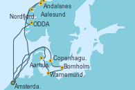 Visitando Ámsterdam (Holanda), Aalesund (Noruega), Andalsnes (Noruega), Nordfjordeid, ODDA, Ámsterdam (Holanda), Aarhus (Dinamarca), Warnemunde (Alemania), Bornholm (Dinamarca), Copenhague (Dinamarca), Ámsterdam (Holanda)