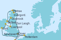 Visitando Dover (Inglaterra), Rotterdam (Holanda), Newhaven (Reino Unido), Newhaven (Reino Unido), Invergordon (Escocia), Portree (Reino Unido), Belfast (Irlanda), Greenock (Escocia), Liverpool (Reino Unido), Dun Laoghaire (Dublin/Irlanda), Cork (Irlanda), Dover (Inglaterra)