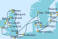 Visitando Dover (Inglaterra), Rotterdam (Holanda), Newhaven (Reino Unido), Newhaven (Reino Unido), Invergordon (Escocia), Portree (Reino Unido), Belfast (Irlanda), Greenock (Escocia), Liverpool (Reino Unido), Dun Laoghaire (Dublin/Irlanda), Cork (Irlanda), Dover (Inglaterra), Rotterdam (Holanda), Copenhague (Dinamarca), Aarhus (Dinamarca), Warnemunde (Alemania), Tallin (Estonia), Helsinki (Finlandia), Estocolmo (Suecia), Visby (Suecia), Oslo (Noruega), Dover (Inglaterra)