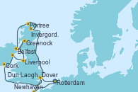Visitando Rotterdam (Holanda), Newhaven (Reino Unido), Newhaven (Reino Unido), Invergordon (Escocia), Portree (Reino Unido), Belfast (Irlanda), Greenock (Escocia), Liverpool (Reino Unido), Dun Laoghaire (Dublin/Irlanda), Cork (Irlanda), Dover (Inglaterra), Rotterdam (Holanda)