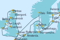Visitando Rotterdam (Holanda), Newhaven (Reino Unido), Newhaven (Reino Unido), Invergordon (Escocia), Portree (Reino Unido), Belfast (Irlanda), Greenock (Escocia), Liverpool (Reino Unido), Dun Laoghaire (Dublin/Irlanda), Cork (Irlanda), Dover (Inglaterra), Rotterdam (Holanda), Copenhague (Dinamarca), Aarhus (Dinamarca), Warnemunde (Alemania), Tallin (Estonia), Helsinki (Finlandia), Estocolmo (Suecia), Visby (Suecia), Oslo (Noruega), Dover (Inglaterra), Ámsterdam (Holanda)
