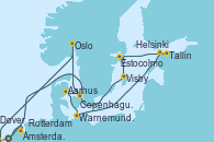 Visitando Rotterdam (Holanda), Copenhague (Dinamarca), Aarhus (Dinamarca), Warnemunde (Alemania), Tallin (Estonia), Helsinki (Finlandia), Estocolmo (Suecia), Visby (Suecia), Oslo (Noruega), Dover (Inglaterra), Ámsterdam (Holanda)