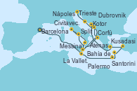 Visitando Barcelona, La Valletta (Malta), Bahía de Souda (Grecia), Santorini (Grecia), Kusadasi (Efeso/Turquía), Atenas (Grecia), Kotor (Montenegro), Corfú (Grecia), Messina (Sicilia), Nápoles (Italia), Nápoles (Italia), Civitavecchia (Roma), Nápoles (Italia), Palermo (Italia), Messina (Sicilia), Corfú (Grecia), Kotor (Montenegro), Dubrovnik (Croacia), Split (Croacia), Trieste (Italia)