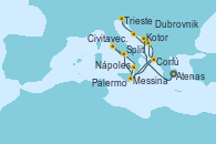 Visitando Atenas (Grecia), Kotor (Montenegro), Corfú (Grecia), Messina (Sicilia), Nápoles (Italia), Nápoles (Italia), Civitavecchia (Roma), Nápoles (Italia), Palermo (Italia), Messina (Sicilia), Corfú (Grecia), Kotor (Montenegro), Dubrovnik (Croacia), Split (Croacia), Trieste (Italia)