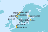 Visitando Ámsterdam (Holanda), Oslo (Noruega), Kristiansand (Noruega), SANDNESS (STAVANGER), Skjolden (Noruega), Rotterdam (Holanda), Eidfjord (Hardangerfjord/Noruega), Maloy (Noruega), Aalesund (Noruega), Bergen (Noruega), Rotterdam (Holanda)