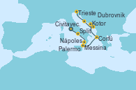 Visitando Civitavecchia (Roma), Nápoles (Italia), Palermo (Italia), Messina (Sicilia), Corfú (Grecia), Kotor (Montenegro), Dubrovnik (Croacia), Split (Croacia), Trieste (Italia)