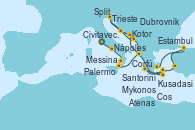 Visitando Civitavecchia (Roma), Nápoles (Italia), Palermo (Italia), Messina (Sicilia), Corfú (Grecia), Kotor (Montenegro), Dubrovnik (Croacia), Split (Croacia), Trieste (Italia), Split (Croacia), Dubrovnik (Croacia), Santorini (Grecia), Mykonos (Grecia), Cos (Grecia), Kusadasi (Efeso/Turquía), Estambul (Turquía), Estambul (Turquía), Atenas (Grecia)
