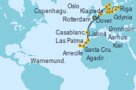 Visitando Dover (Inglaterra), Rotterdam (Holanda), Oslo (Noruega), Aarhus (Dinamarca), Kiel (Alemania), Warnemunde (Alemania), Bornholm (Dinamarca), Gdynia (Polonia), Klaipeda (Lituania), Riga (Letonia), Copenhague (Dinamarca), Dover (Inglaterra), Rotterdam (Holanda), Casablanca (Marruecos), Agadir (Marruecos), Arrecife (Lanzarote/España), Santa Cruz de Tenerife (España), Las Palmas de Gran Canaria (España), Lisboa (Portugal), Dover (Inglaterra)