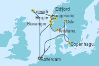Visitando Rotterdam (Holanda), Haugesund (Noruega), Eidfjord (Hardangerfjord/Noruega), Bergen (Noruega), Lerwick (Escocia), Rotterdam (Holanda), Copenhague (Dinamarca), Oslo (Noruega), Kristiansand (Noruega), Stavanger (Noruega), Rotterdam (Holanda)