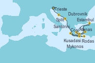 Visitando Trieste (Italia), Split (Croacia), Dubrovnik (Croacia), Santorini (Grecia), Mykonos (Grecia), Cos (Grecia), Kusadasi (Efeso/Turquía), Estambul (Turquía), Estambul (Turquía), Atenas (Grecia), Mykonos (Grecia), Estambul (Turquía), Estambul (Turquía), Kusadasi (Efeso/Turquía), Cos (Grecia), Rodas (Grecia), Atenas (Grecia)