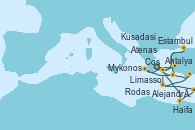 Visitando Atenas (Grecia), Mykonos (Grecia), Estambul (Turquía), Estambul (Turquía), Kusadasi (Efeso/Turquía), Cos (Grecia), Rodas (Grecia), Atenas (Grecia), Alejandría (Egipto), Haifa (Israel), Haifa (Israel), Limassol (Chipre), Antalya (Turquía), Rodas (Grecia), Kusadasi (Efeso/Turquía), Atenas (Grecia)