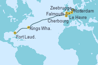 Visitando Rotterdam (Holanda), Zeebrugge (Bruselas), Le Havre (Francia), Cherbourg (Francia), Falmouth (Gran Bretaña), Kings Wharf (Bermudas), Fort Lauderdale (Florida/EEUU)