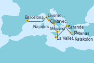 Visitando Atenas (Grecia), Katakolon (Olimpia/Grecia), Sarande (Albania), La Valletta (Malta), Messina (Sicilia), Nápoles (Italia), Civitavecchia (Roma), Livorno, Pisa y Florencia (Italia), Barcelona