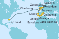 Visitando Rotterdam (Holanda), Lisboa (Portugal), Lisboa (Portugal), Cádiz (España), Málaga, Barcelona, Valencia, Cartagena (Murcia), Gibraltar (Inglaterra), Rotterdam (Holanda), Zeebrugge (Bruselas), Cherbourg (Francia), Portsmouth (Inglaterra), Falmouth (Gran Bretaña), Fort Lauderdale (Florida/EEUU)