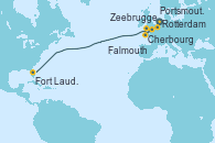 Visitando Rotterdam (Holanda), Zeebrugge (Bruselas), Cherbourg (Francia), Portsmouth (Inglaterra), Falmouth (Gran Bretaña), Fort Lauderdale (Florida/EEUU)