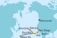 Visitando Vancouver (Canadá), Hilo (Hawai), Kahului (Hawai/EEUU), Port Allen, Kauai, Hawaiian, Honolulu (Hawái), Kailua Kona (Hawai/EEUU), Avalon (California/EEUU), San Diego (California/EEUU)