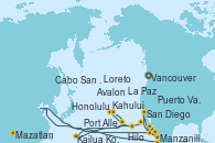 Visitando Vancouver (Canadá), Hilo (Hawai), Kahului (Hawai/EEUU), Port Allen, Kauai, Hawaiian, Honolulu (Hawái), Kailua Kona (Hawai/EEUU), Avalon (California/EEUU), San Diego (California/EEUU), Manzanillo (México), Puerto Vallarta (México), Mazatlan (México), La Paz (México), Loreto (México), Cabo San Lucas (México), San Diego (California/EEUU)