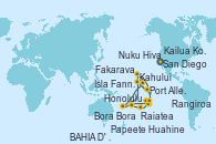 Visitando San Diego (California/EEUU), Port Allen, Kauai, Hawaiian, Honolulu (Hawái), Honolulu (Hawái), Kahului (Hawai/EEUU), Kailua Kona (Hawai/EEUU), Isla Fanning (Tabuaeran/Australia), Rangiroa (Polinesia Francesa), Huahine (Islas de la Sociedad), Bora Bora (Polinesia), Raiatea (Polinesia Francesa), Papeete (Tahití), Papeete (Tahití), BAHIA D' OPUNOHA, MOOREA, Fakarava (Polinesia Francesa), Nuku Hiva (Polinesia Francesa), San Diego (California/EEUU)