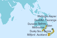Visitando Auckland (Nueva Zelanda), Tauranga (Nueva Zelanda), Napier (Nueva Zelanda), Wellington (Nueva Zelanda), Dunedin (Nueva Zelanda), Dusky Sound (Nueva Zelanda), Doubtful Sound (Nueva Zelanda), Milfjord Sound (Nueva Zelanda), Melbourne (Australia), Burnie (Tasmania/Australia), Eden (Nueva Gales), Sydney (Australia)
