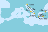 Visitando Atenas (Grecia), Kusadasi (Efeso/Turquía), Estambul (Turquía), Corfú (Grecia), Bari (Italia), Trieste (Italia), Split (Croacia), Atenas (Grecia)