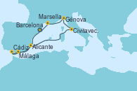 Visitando Barcelona, Cádiz (España), Cádiz (España), Málaga, Alicante (España), Civitavecchia (Roma), Génova (Italia), Marsella (Francia), Barcelona
