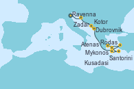 Visitando Ravenna (Italia), Zadar (Croacia), Dubrovnik (Croacia), Kotor (Montenegro), Santorini (Grecia), Rodas (Grecia), Mykonos (Grecia), Kusadasi (Efeso/Turquía), Atenas (Grecia)
